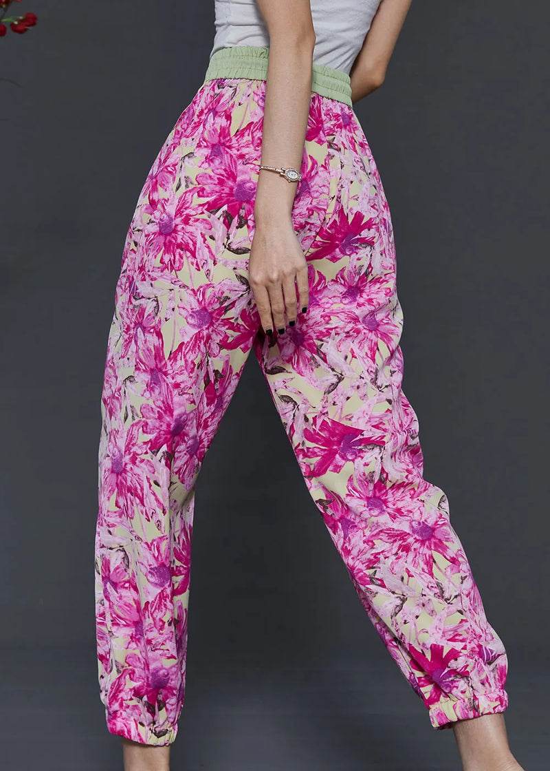 Rose Print Pockets Chiffon Pants Summer
