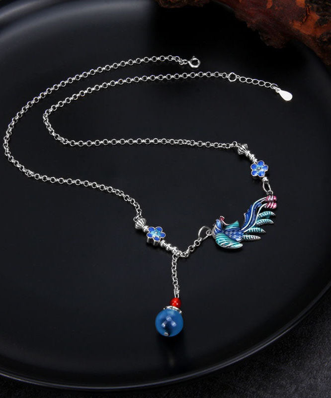 Blue Sterling Silver Cloisonne Phoenix Tassel Pendant Necklace
