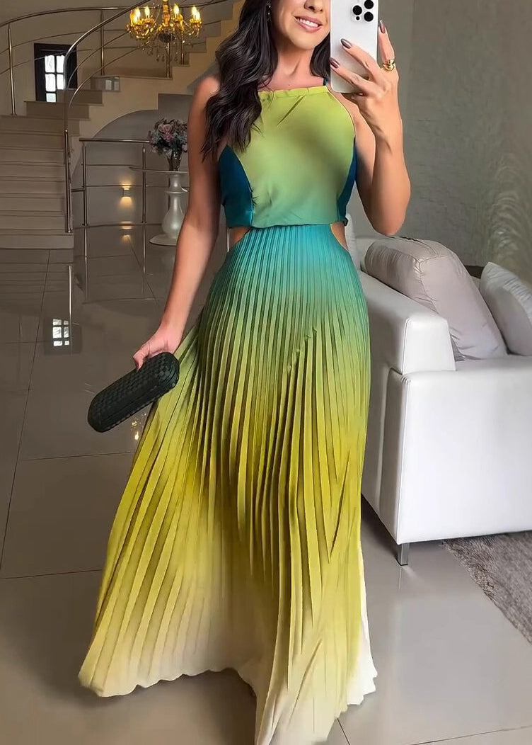 New Hanging Neck Hundred Fold Green Gradient Dress