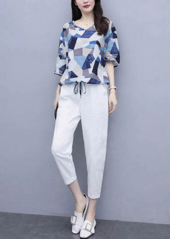 Vogue Blue Print Tops and Crop Pants Summer