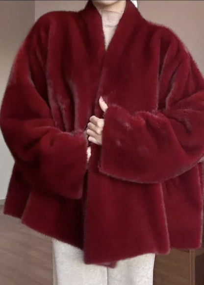 Red Warm Leather and Fur Coats V Neck Winter