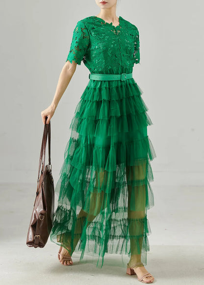 Handmade Tea Green Lace Patchwork Tulle Tunic Dress Summer