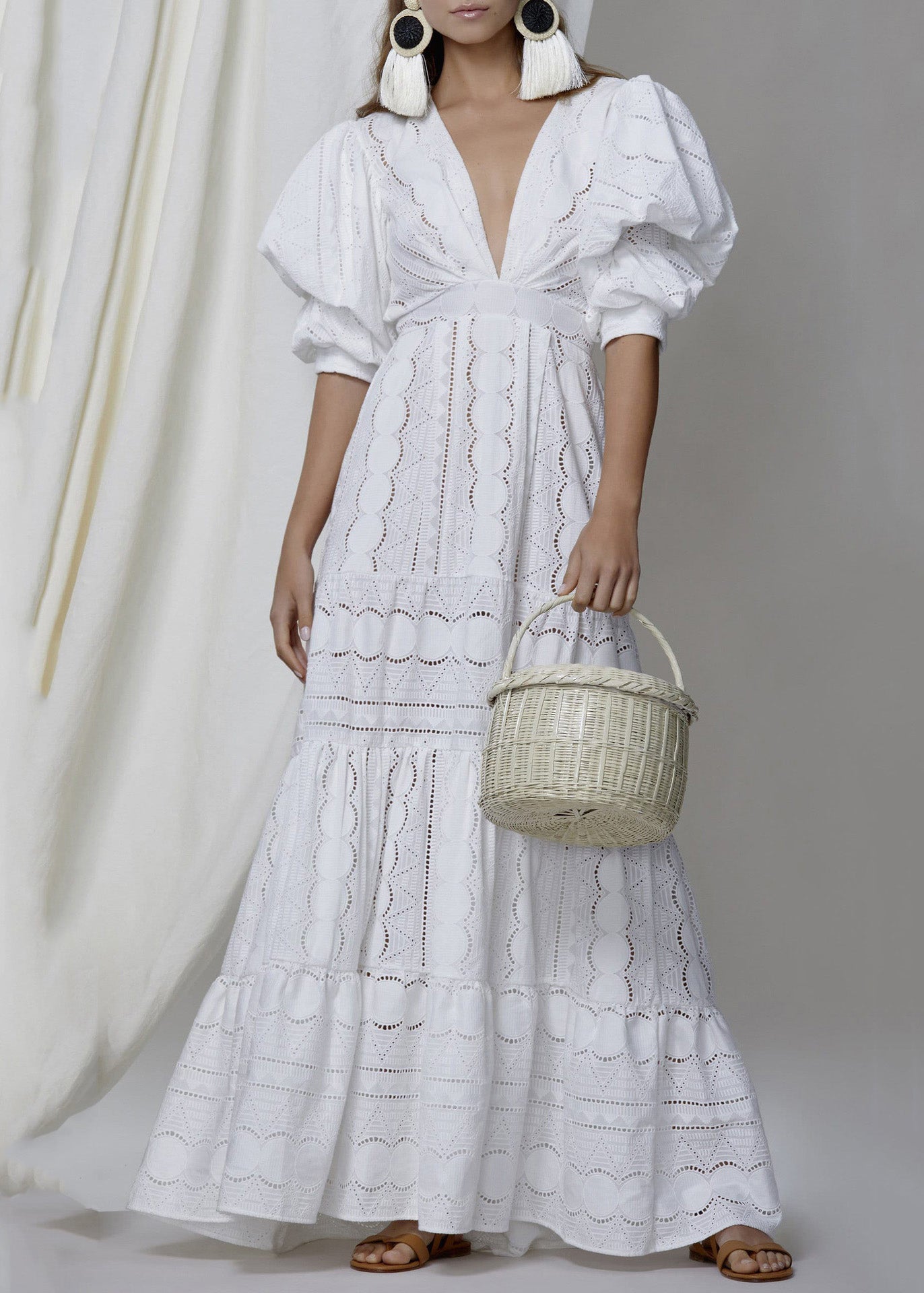 White V Neck Hollow Out Puff Sleeve Patchwork Cotton Dress