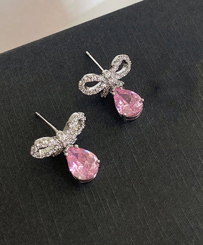 Pink Sterling Silver Zircon Bow Water Drop Stud Earrings