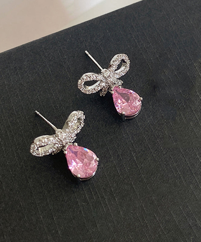 Pink Sterling Silver Zircon Bow Water Drop Stud Earrings