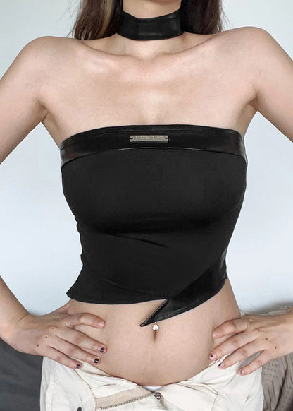 Boutique Black Asymmetrical Faux Leather Patchwor Backless Top Summer