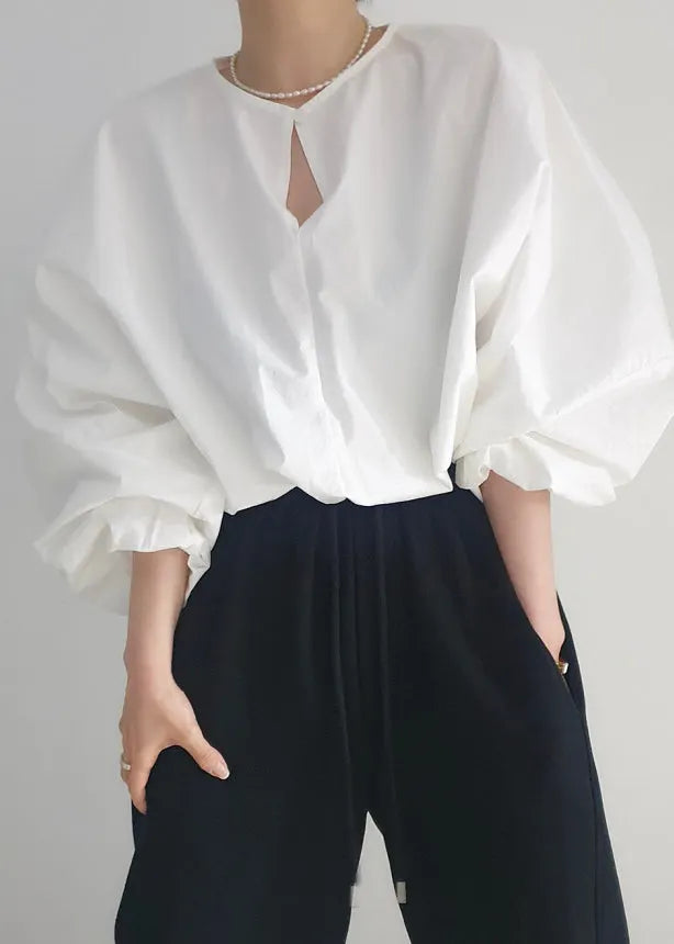 French White Oversized Cotton Shirt Tops Lantern Sleeve