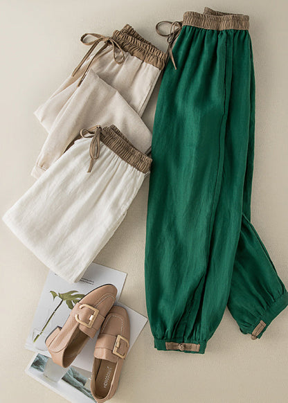 Green Elastic Waist Thin Linen Crop Pants Summer