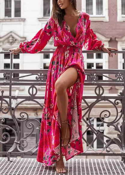 White V Neck Print Side Open Cotton Vacation Dresses Spring
