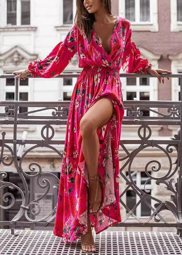 White V Neck Print Side Open Cotton Vacation Dresses Spring