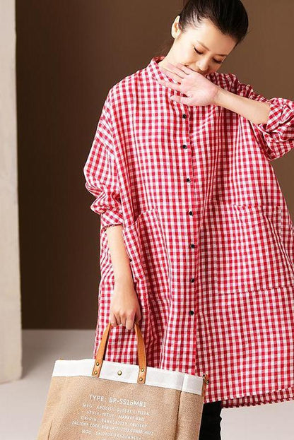 Korea Style Medium Length Loose Plaid Shirt Blouse