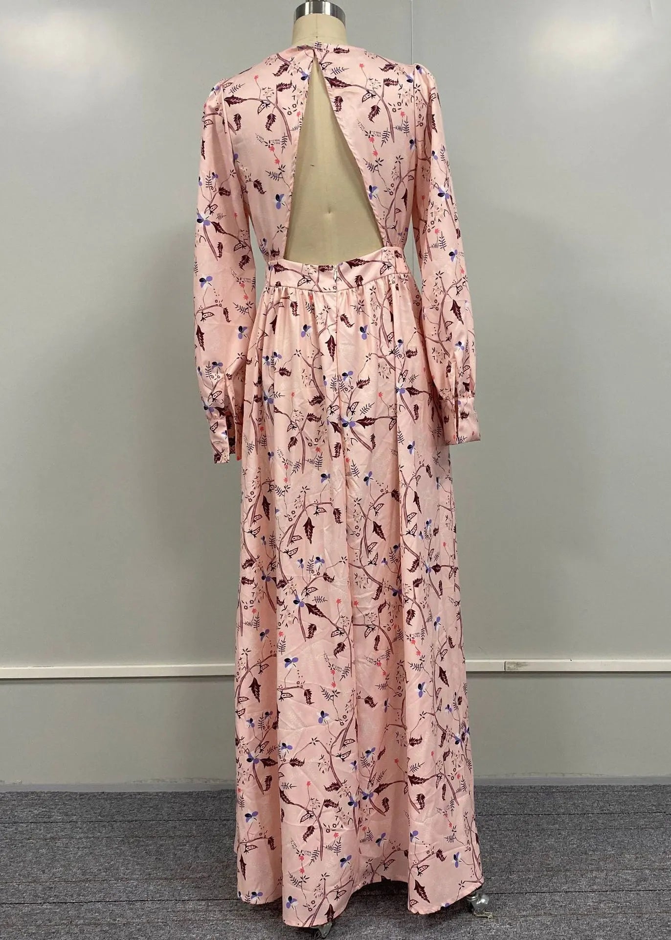 Pink Backless Print Cotton Long Dress Fall