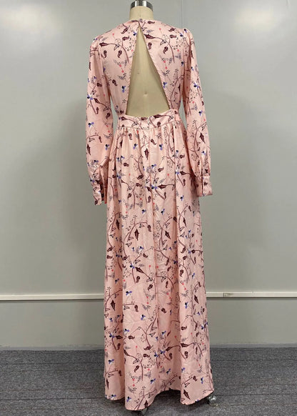 Pink Backless Print Cotton Long Dress Fall