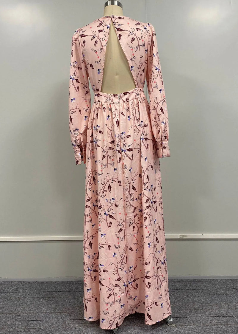 Pink Backless Print Cotton Long Dress Fall