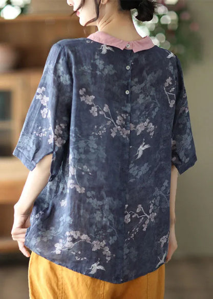 Blue Print Patchwork Linen Tops Peter Pan Collar Colorblock Short Sleeve