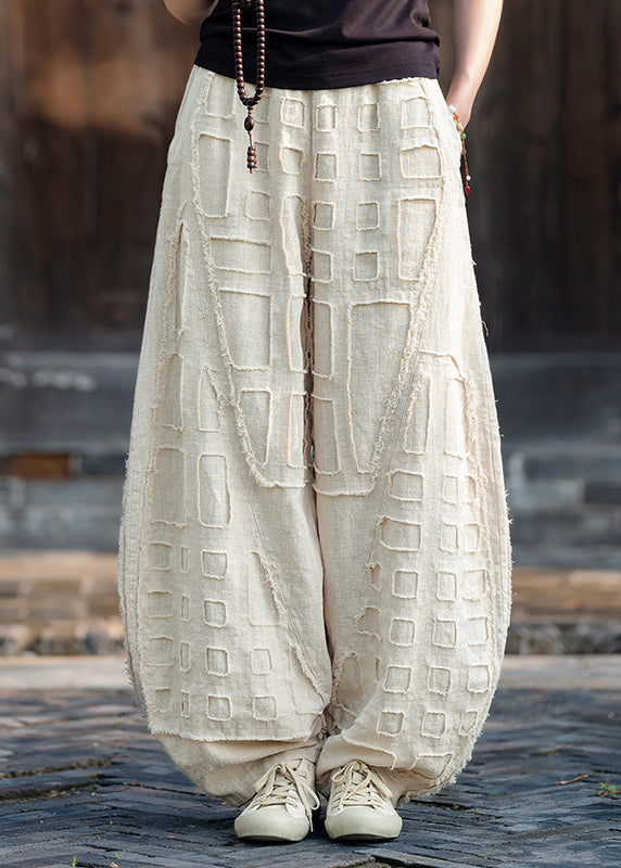 Beige Pockets Patchwork Linen Lantern Pants Fall