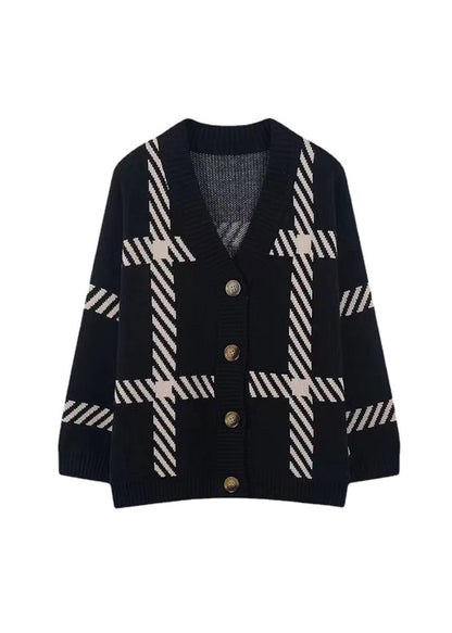 Khaki V Neck Striped Button Knit Cardigan Fall