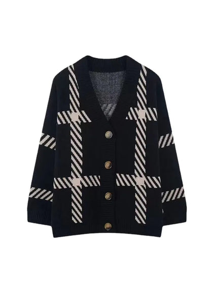 Khaki V Neck Striped Button Knit Cardigan Fall