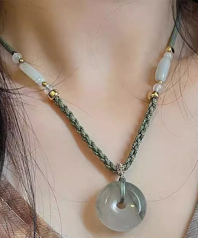 Retro Green Weaving Jade Ping an Buckle Pendant Necklace