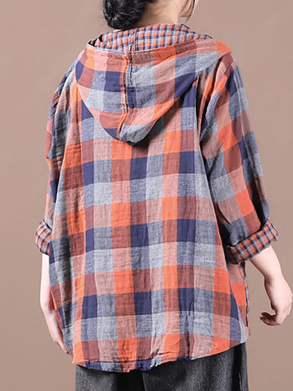 Loose Stitching Drawstring Cotton Linen Hooded Blouse Shirt