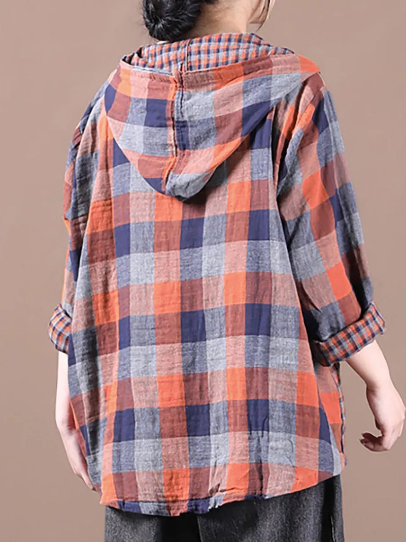 Loose Stitching Drawstring Cotton Linen Hooded Blouse Shirt
