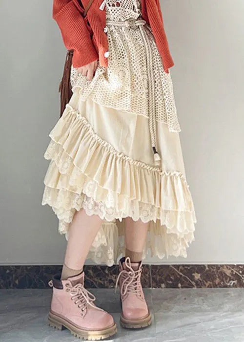 Art Apricot Ruffled Lace Patchwork Silk Velvet Skirts Fall