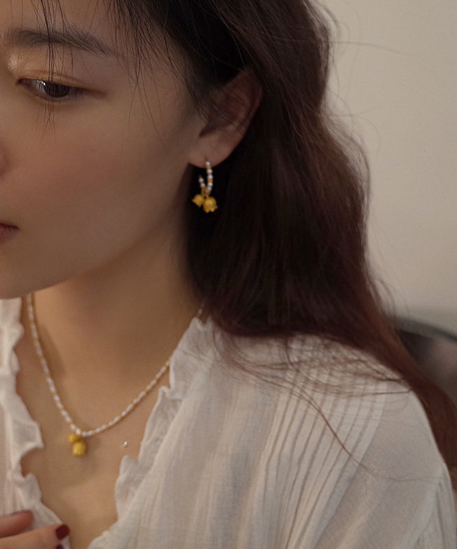 Pearl Patchwork Small Bell 14k Gold Hoop Earrings