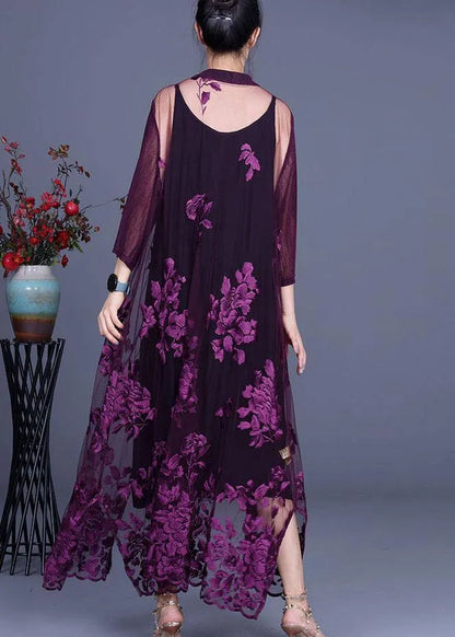 Purple Tulle Embroideried Cardigans Two Piece Set Clothing