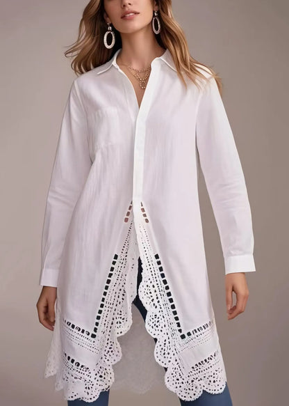 White Oversized Hollow Out Cotton Long Shirts Spring