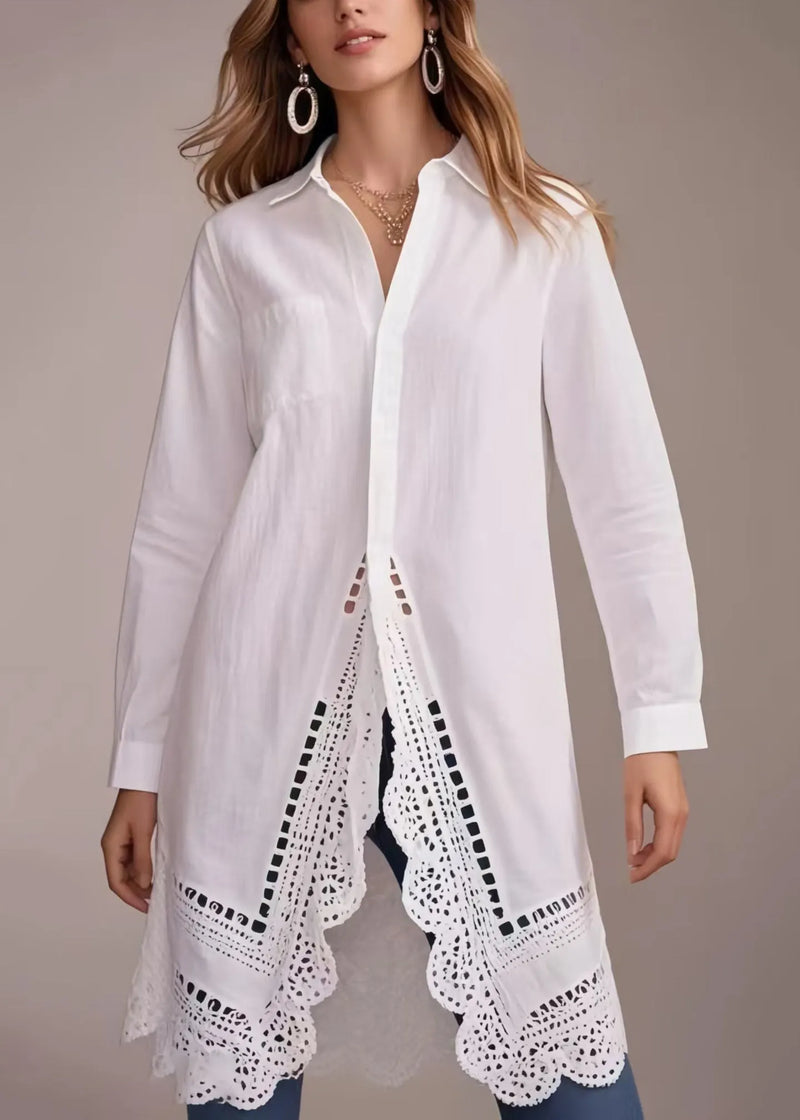 White Oversized Hollow Out Cotton Long Shirts Spring