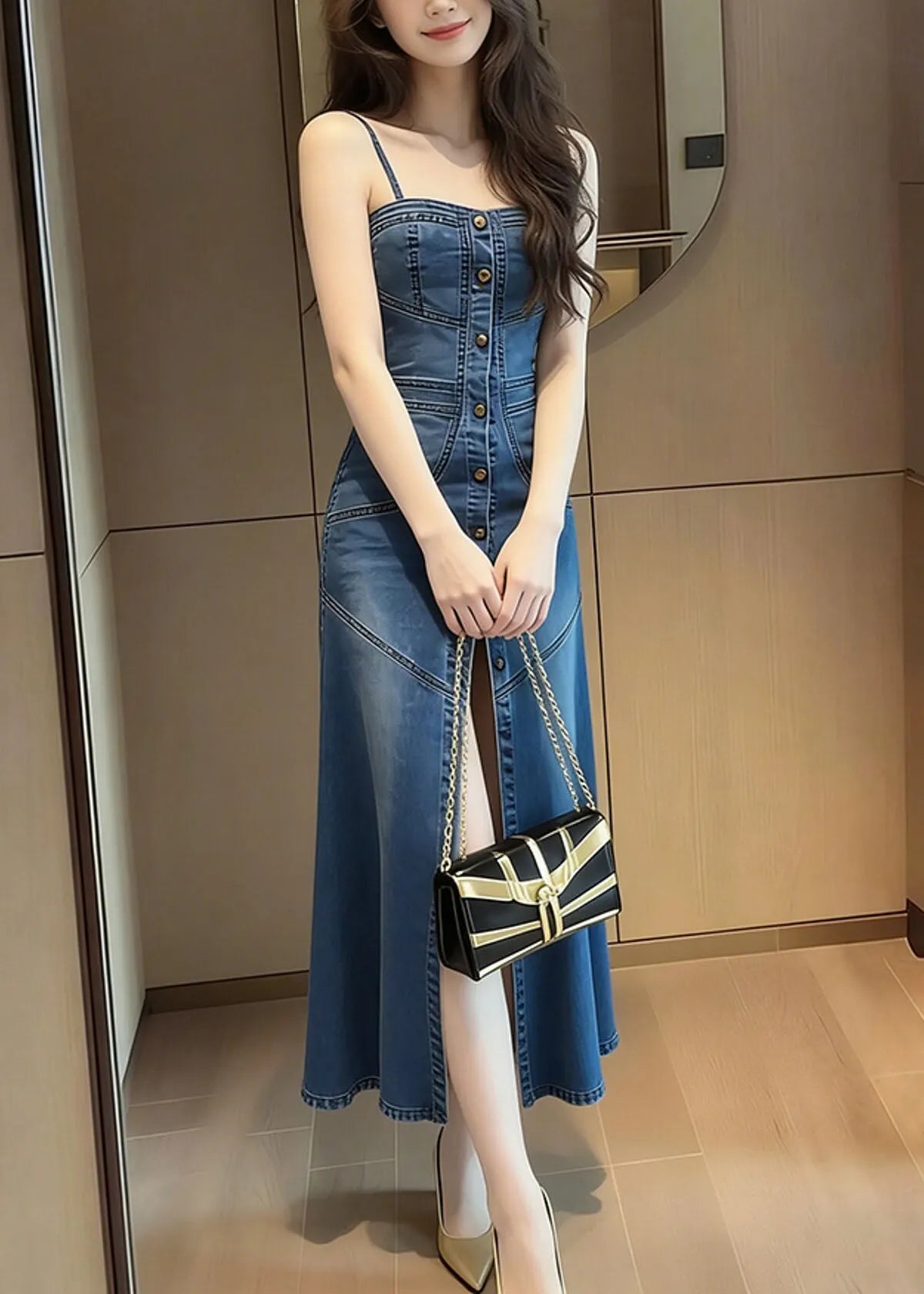 French Blue Side Open Denim Spaghetti Strap Dress Summer