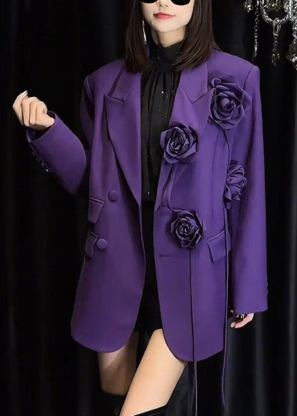 Purple Peter Pan Collar Button Spandex Coats Spring
