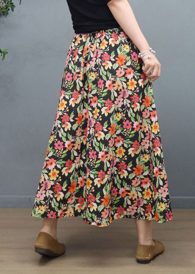 Natural Black Print Elastic Waist Linen a Line Skirt