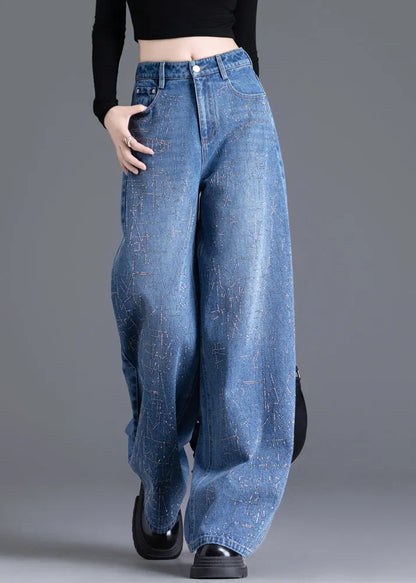 Handmade Blue Zircon Pockets High Waist Denim Wide Leg Pants Spring