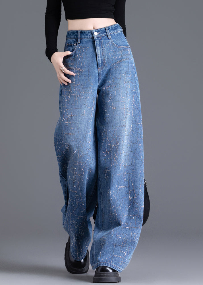 Handmade Blue Zircon Pockets High Waist Denim Wide Leg Pants Spring