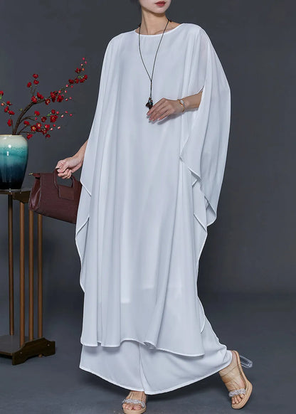 White Oversized Chiffon Vacation Dresses Batwing Sleeve