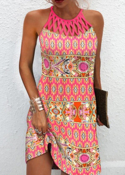 Stylish Black Hollow Out Print Cotton Halter Dresses Sleeveless