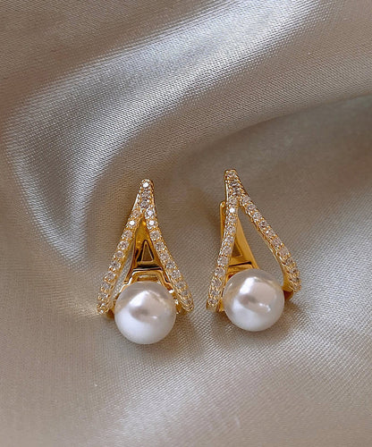 Gold Sterling Silver Alloy Pearl Zircon Stud Earrings
