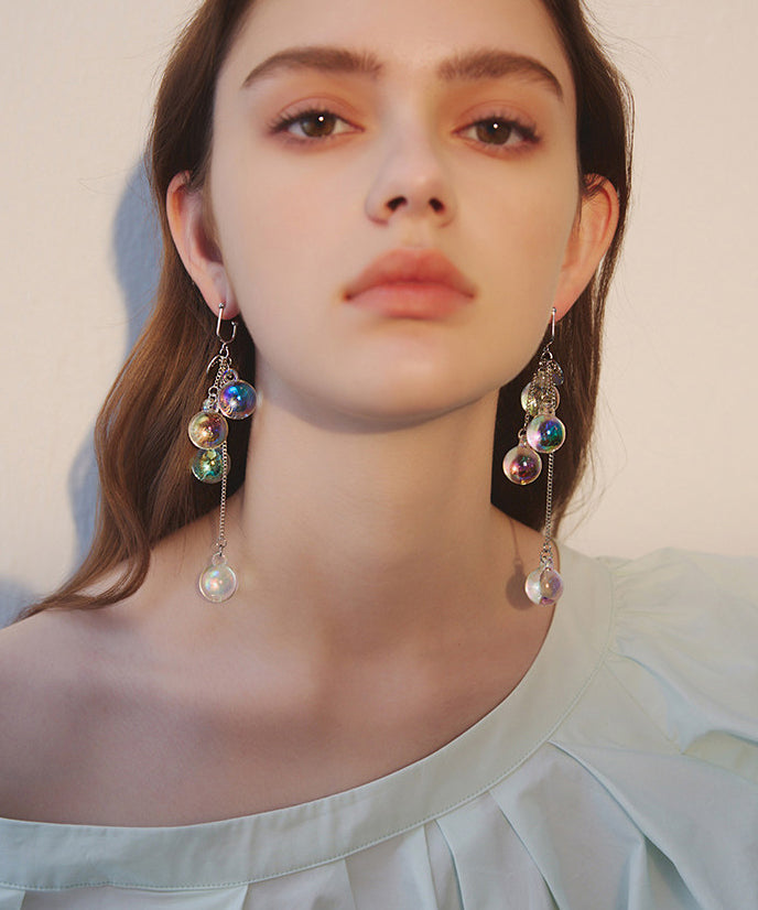 Iridescent Bubble Long Tassel Crystal Bead Drop Earrings
