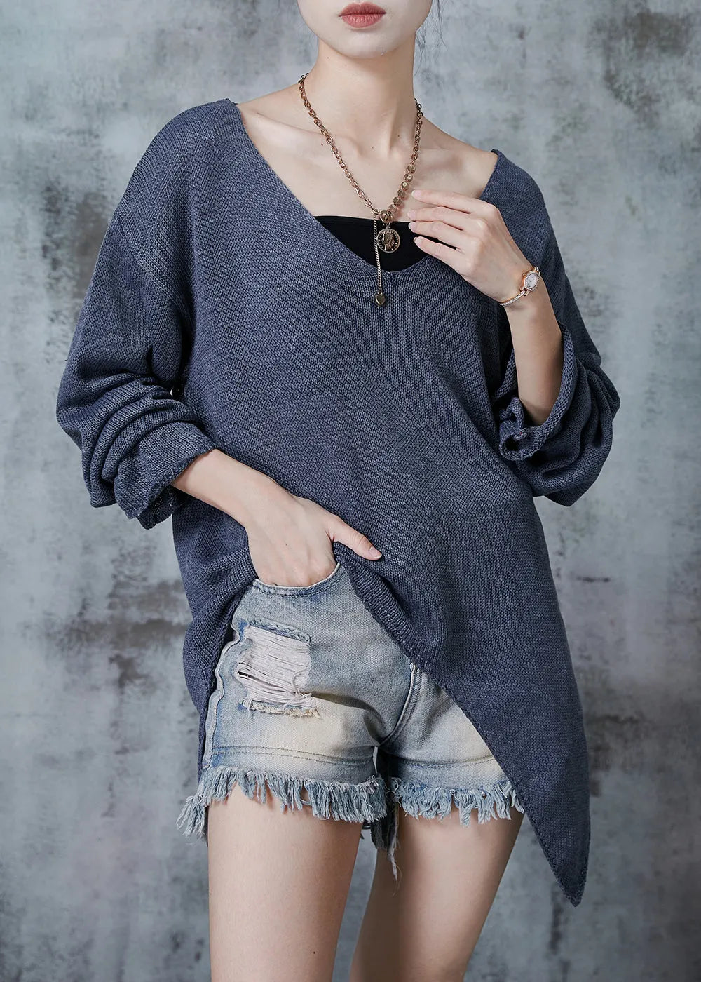 Grey V Neck Asymmetrical Design Knit Sweaters Fall
