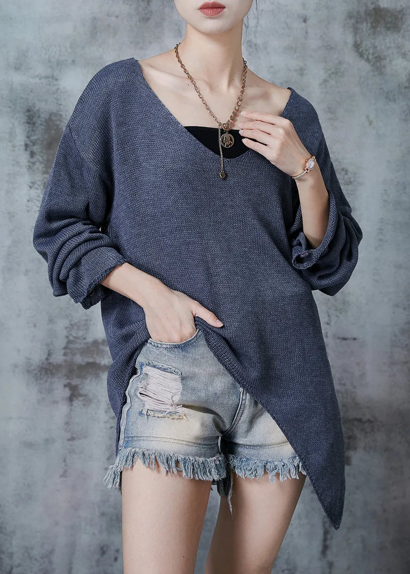 Grey V Neck Asymmetrical Design Knit Sweaters Fall