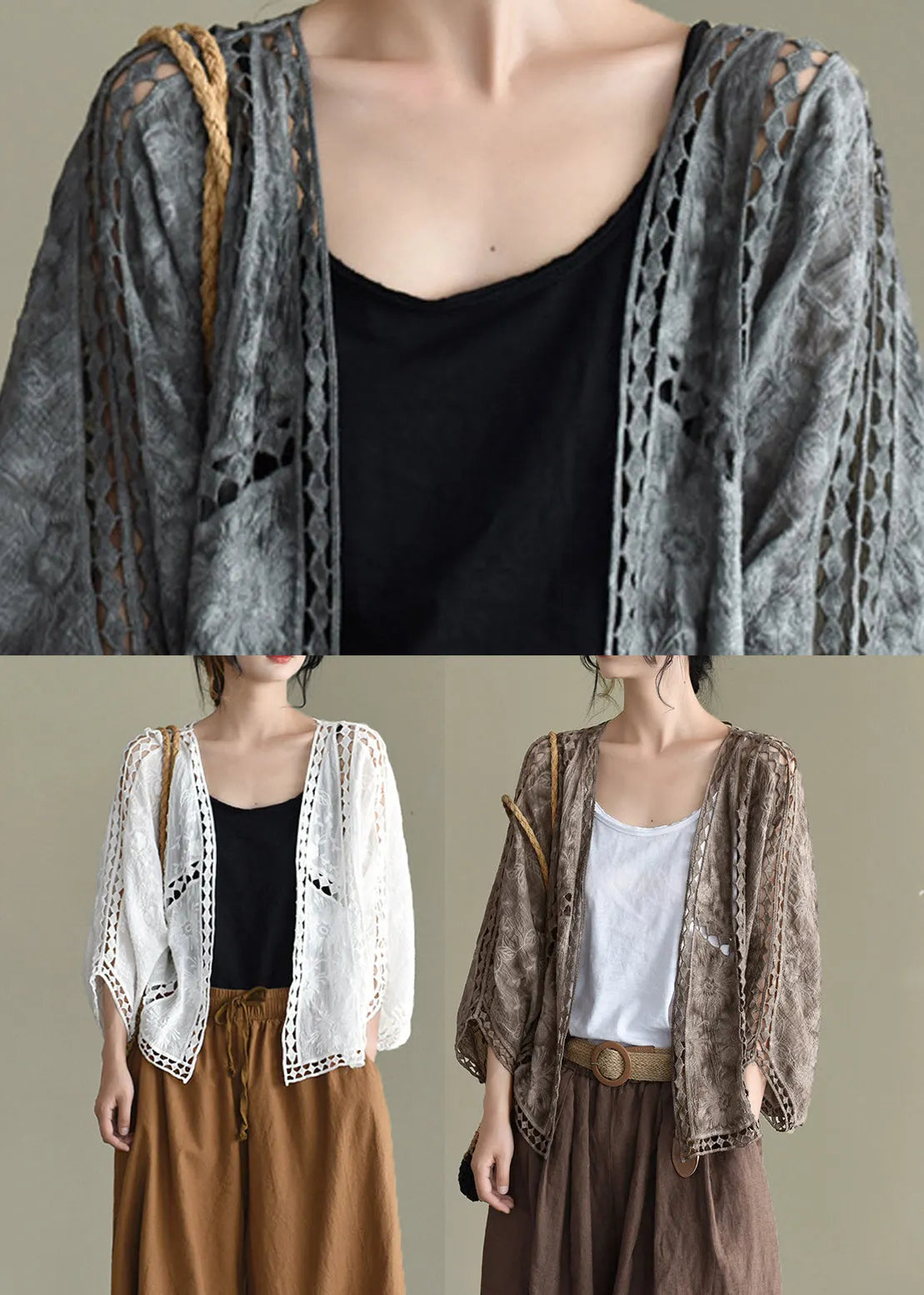 Grey Black Hollow Out Embroideried Cardigans Batwing Sleeve
