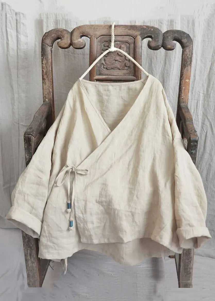 Loose Yellow V Neck Lace Up Linen Shirts Long Sleeve