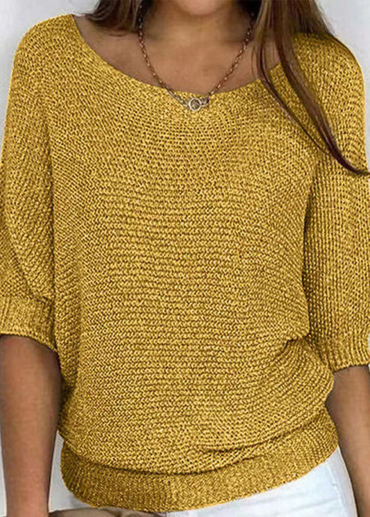 Yellow O Neck Knit Blouses Bracelet Sleeve