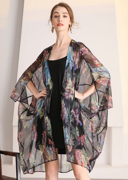Black Oversized Print Hollow Out Tulle Cardigan Summer