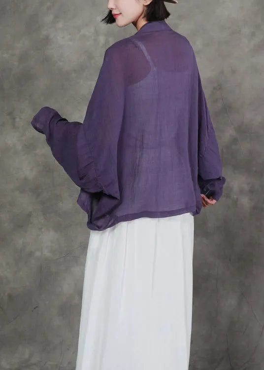 New Original Purple V Neck Linen Cardigan Bat Sleeves