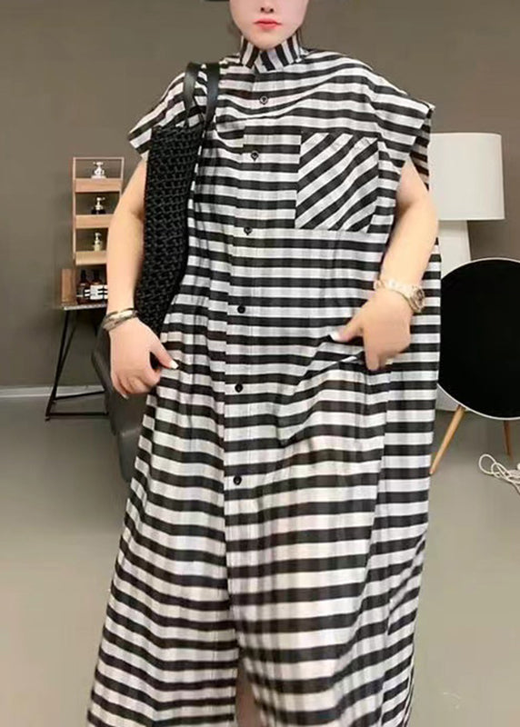 Black Striped Stand Collar Button Maxi Dress Short Sleeve