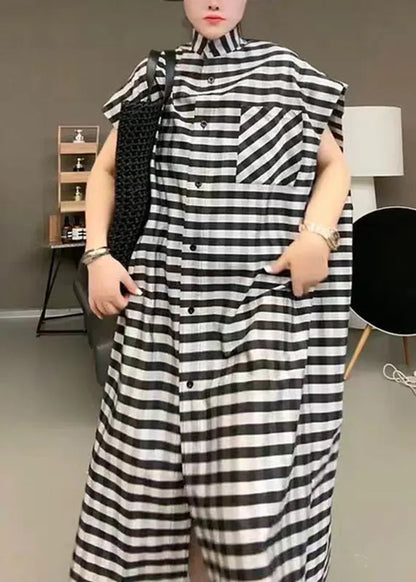 Black Striped Stand Collar Button Maxi Dress Short Sleeve