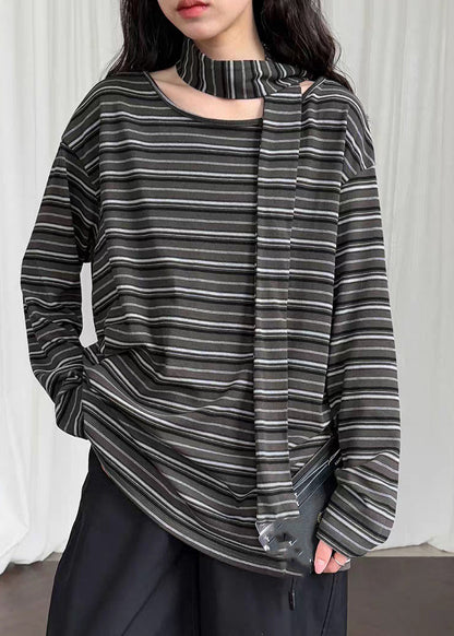 Striped O-neck Side Open T Shirt Spring