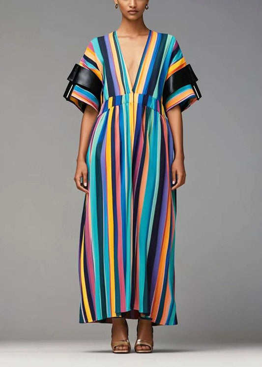 Rainbow Deep-v Neck Striped Cotton Dresses Summer